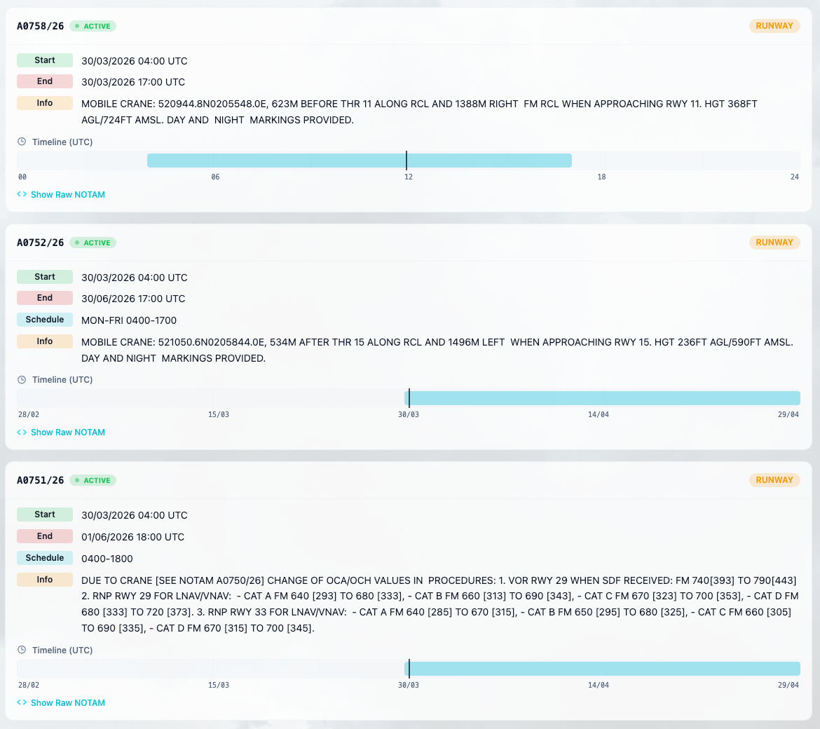 NOTAMs on metar.cloud — active runway notices with timeline bars